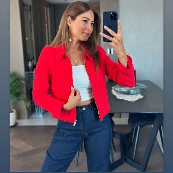 ZARA Red Wool-Blend Cropped Jacket NWT | Structured Collar Coat - Picture 9 of 16